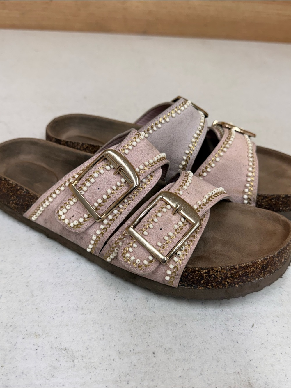 Women's Pink Beaded Dual-Buckle Slide Sandals